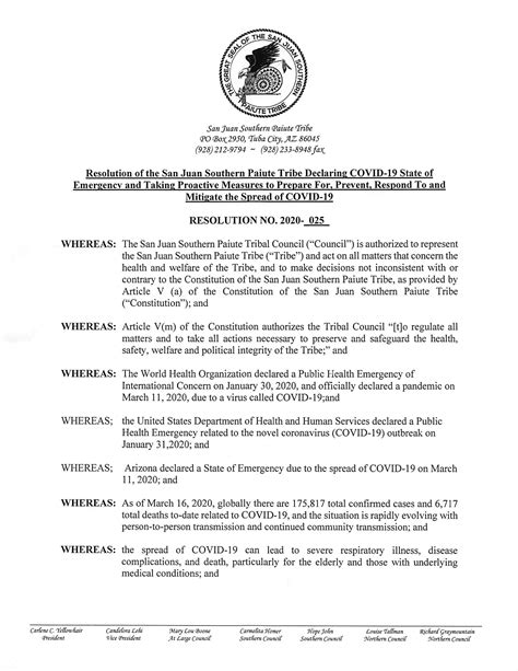 State Of Emergency Resolution Covid19 San Juan Southern Paiute Tribe