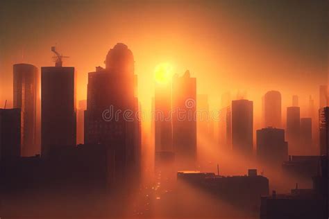 Ai Generated Illustration Of A Cityscape During A Misty Sunset Stock