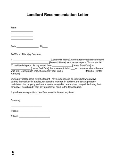 Printable Free Landlord Recommendation Letter For A Tenant With Rental