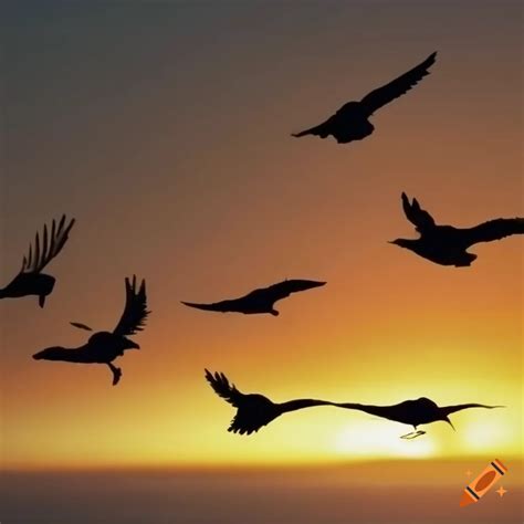 Silhouette Of Birds Flying Into The Sunset On Craiyon