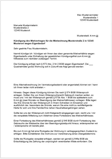 1 bgb) und das unabhängig von der mietdauer. Eigenbedarfskündigung: 15-Punkte Checkliste & Muster PDF
