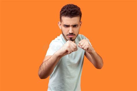 Boxing And Self Defence Portrait Of Weak Angry Brunette Man Keeping