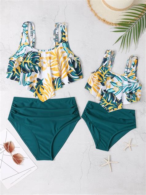Girls Tropical Print Ruched Hanky Hem Bikini Swimsuit Shein Usa