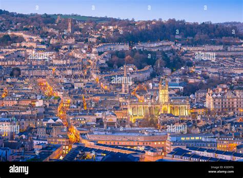 Bath City Uk Aerial View Of The City Of Bath At Twilight On A Winter