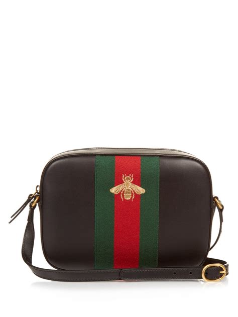 Gucci Line Bee Embroidered Leather Cross Body Bag In Brown Lyst
