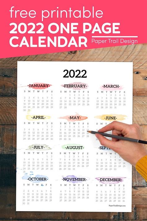 2022 One Page Calendar Printable Watercolor Paper Trail Design