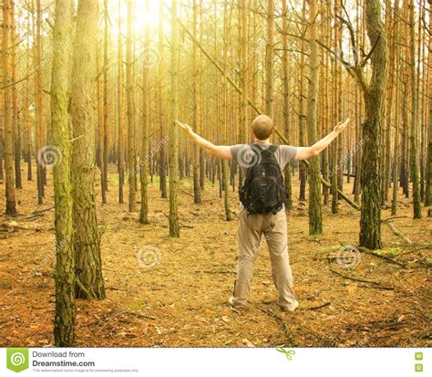 Young Man Standing In The Forest Stock Photo - Image of season, trees ...