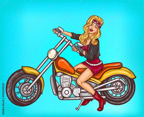 Vector Pop Art Sexy Biker Girl Sitting On A Motorcycle Stock Vector