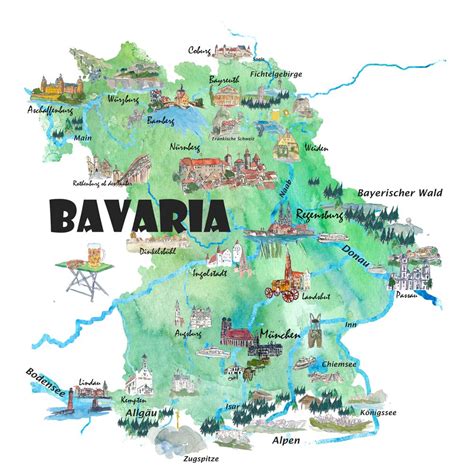 Bavaria Germany Illustrated Travel Poster Map Bench By Artshop77