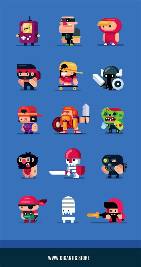 16 Game Design Characters Illustrazione Flat Design Illustrazioni