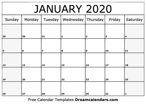 January 2020 Calendar Vertical Calendar Template Printable