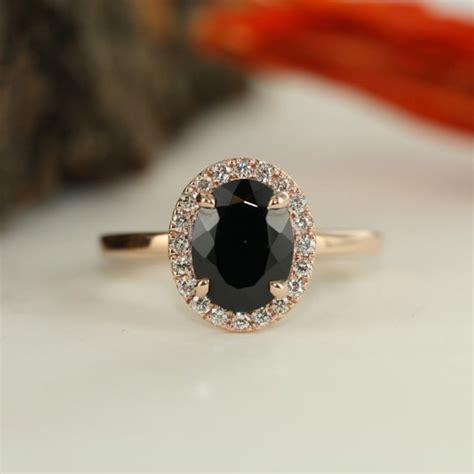 Black Spinel And Diamond Halo Engagement Ring In 14k Rose Gold Etsy