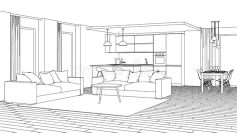 Modern House Interior Design Project Sketch Stock Illustration