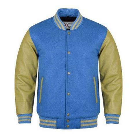Spine Spark Sky Blue Wool Varsity Jacket Dark Cream Leather Sleeves