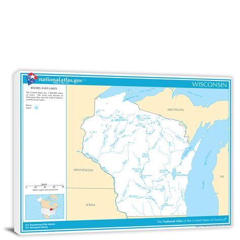 Wisconsin National Atlas Rivers And Lakes Map 2022 Canvas Wrap