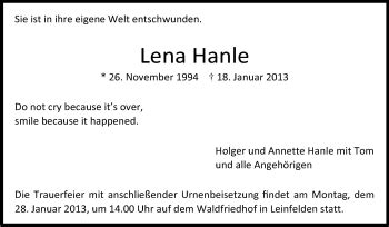 Traueranzeigen Von Lena Hanle Stuttgart Gedenkt De