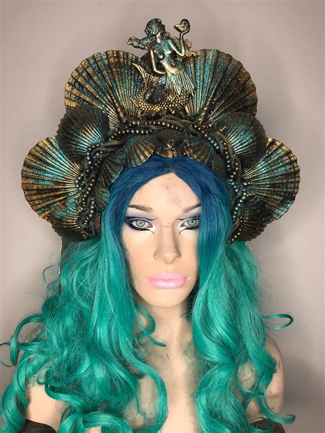 Made To Order Teal Gold Mermaid Queen Siren Goddess Headpiece Etsy