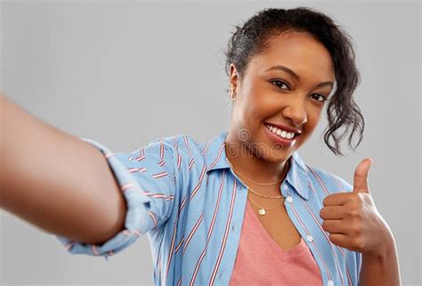 Happy African American Woman Taking Selfie Stock Photo Image Of
