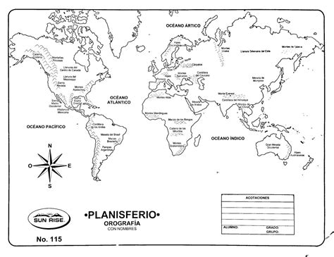 Planisferio Orografía con nombres planisferio para colorear