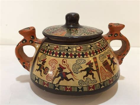 Vintage Cuzco Peru Ceramic Handpainted Jaguar Handles Vessel Jar Pot W Lid Cusco Peru