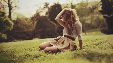 Women Grass Sitting Depth Of Field Women Outdoors Filter