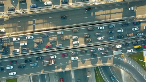 Aerial Top Down Descending Shot Of A Traffic Jam On A City Highway In