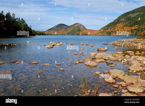 View Of The Bubbles Jordan Pond During Autumn Fall Color Leaves