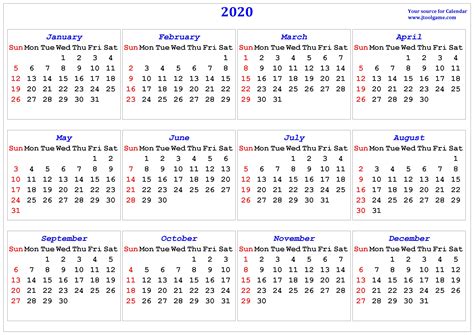 2020 Calendar Printable Calendar 2020 Calendar In Multiple Colors