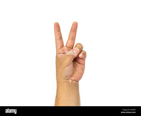 Hand With Victory Sign Isolated On White Background Stock Photo Alamy