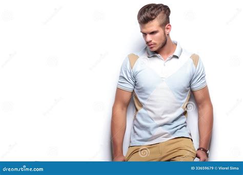 Casual Man Looks Down Stock Image Image Of Thumbs Body 33659679