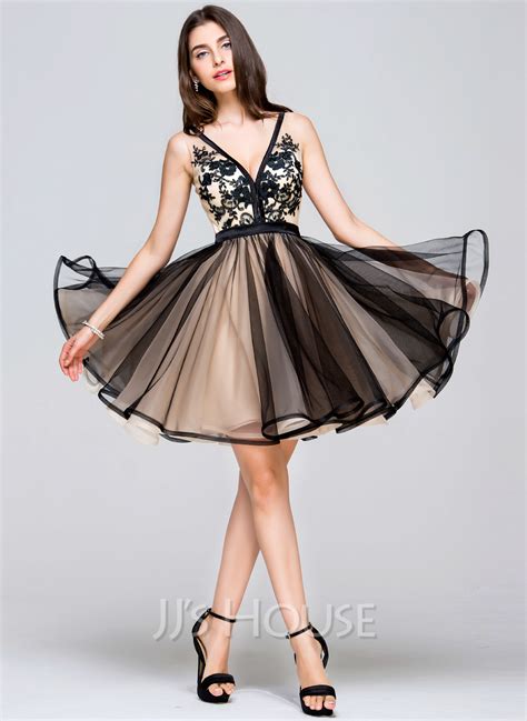 A Line Princess V Neck Short Mini Tulle Homecoming Dress With Lace
