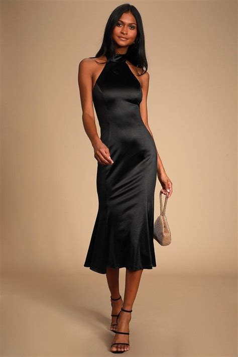 Could It Be Magic Black Satin Halter Midi Dress In 2020 Black Satin Dress Satin Midi Dress