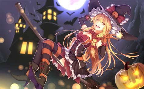 Free Download Wallpaper Anime Girl Halloween Costume Witch Broom Dress