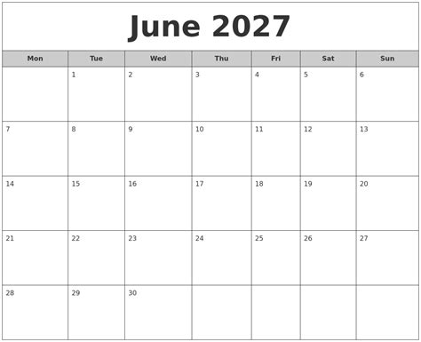 June 2027 Free Monthly Calendar