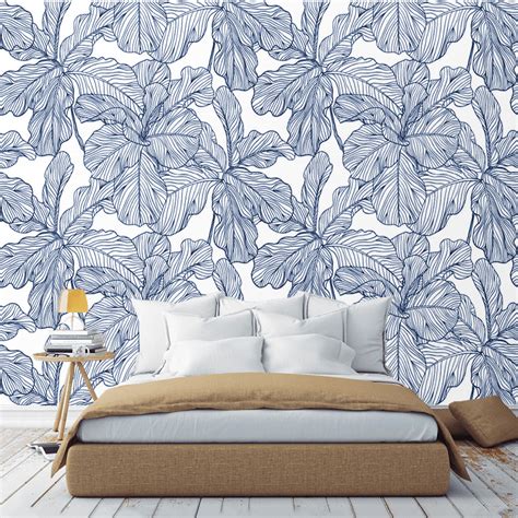 Peel And Stick Wallpaper Leaves Blue And White Removable Self Etsy