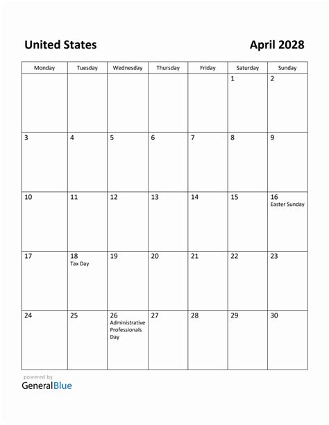 Free Printable April 2028 Calendar For United States