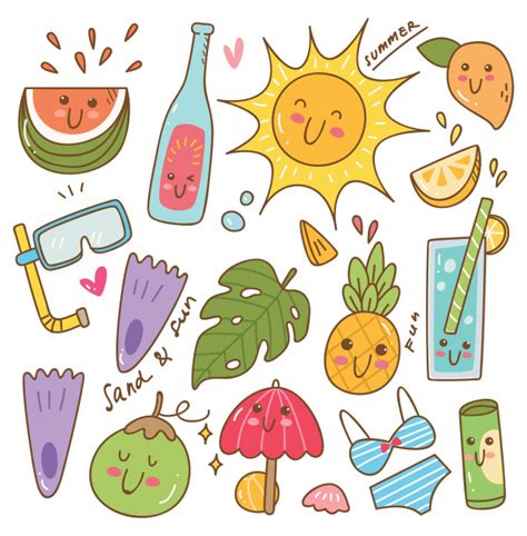 Premium Vector Set Of Summer Related Object In Kawaii Doodle Style