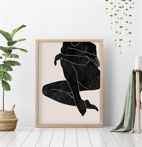 Woman Figure Print Boho Abstract Digital Art Black Woodblock Etsy