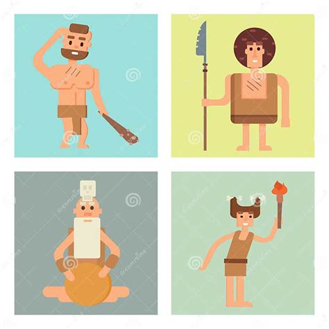 Caveman Primitive Stone Age Cards Cartoon Neanderthal People Character
