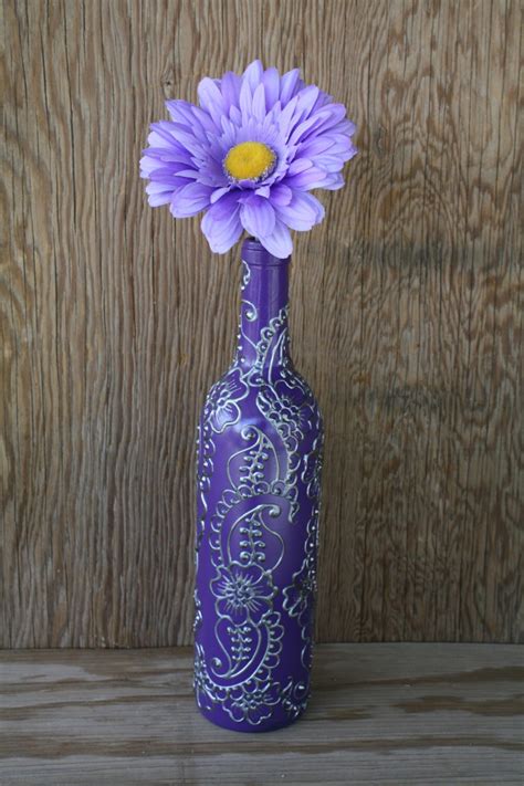 Hand Painted Wine Bottle Vase Up Cycled Purple Background