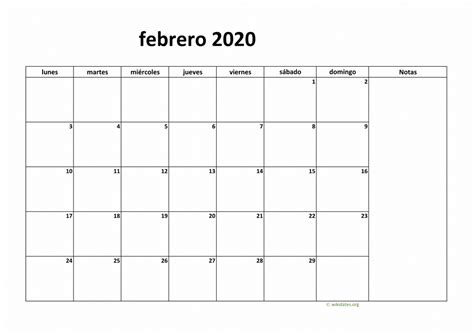 Calendario Febrero 2020