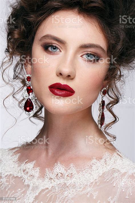 Beautiful Young Woman With Long Brown Hair Red Lipsjewellery Stock