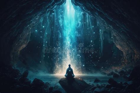 Person Meditating Under Waterfall With Energy Of The Universe Flowing