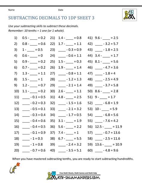 Decimals worksheets for grade 3 through grade 6 our decimal worksheets start with the conversion of simple fractions (denominators of 10 or 100) to sample grade 5 decimal subtraction worksheet what is k5? Math Worksheets Decimals Subtraction