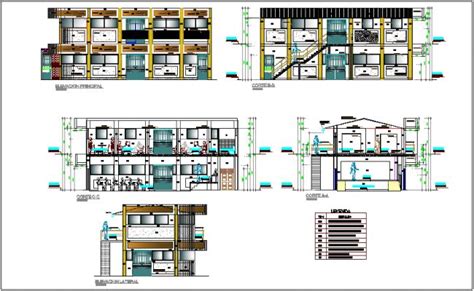 Elevation And Section View With Different Axis Of Community Center Dwg
