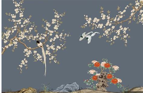 Chinoiserie Hanging Big Plum Tree Wallpaper Flying Birds Home Etsy