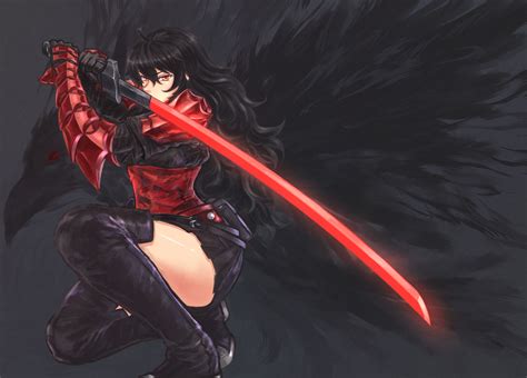 rwby anime girls digital art fan art raven branwen red eyes long hair dark hair sword