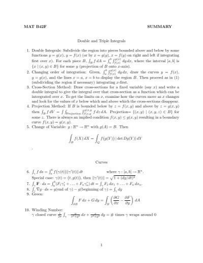 Mat B F Summary Double And Triple Integrals Double