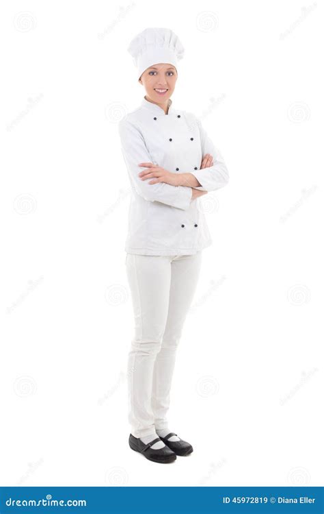 Full Length Portrait Of Young Woman Chef Isolated On White Stock Image