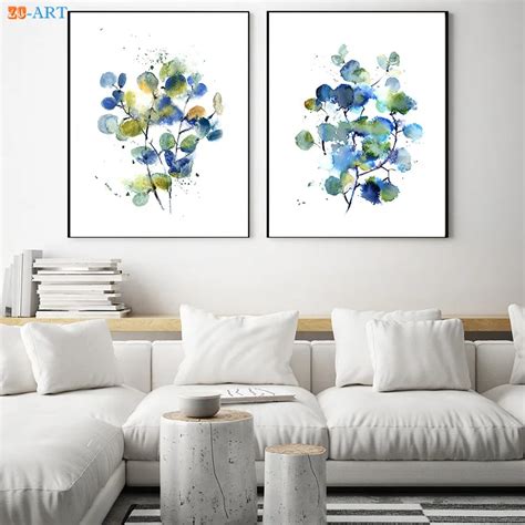 Abstract Green And Blue Eucalyptus Prints Botanical Watercolor Painting